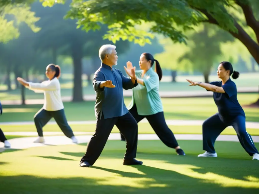 Un grupo diverso practica Tai Chi en un parque soleado, transmitiendo paz y armonía