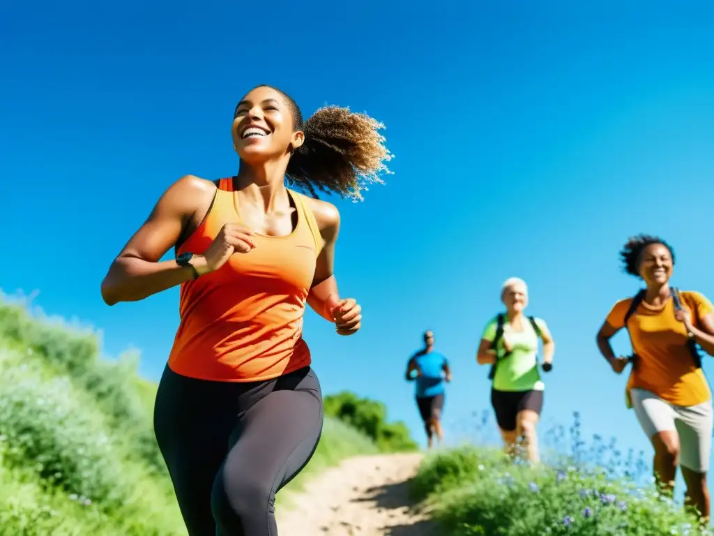 Un grupo diverso de personas disfruta de actividades al aire libre como senderismo, yoga y ciclismo, mostrando vitalidad y alegría bajo el cielo azul