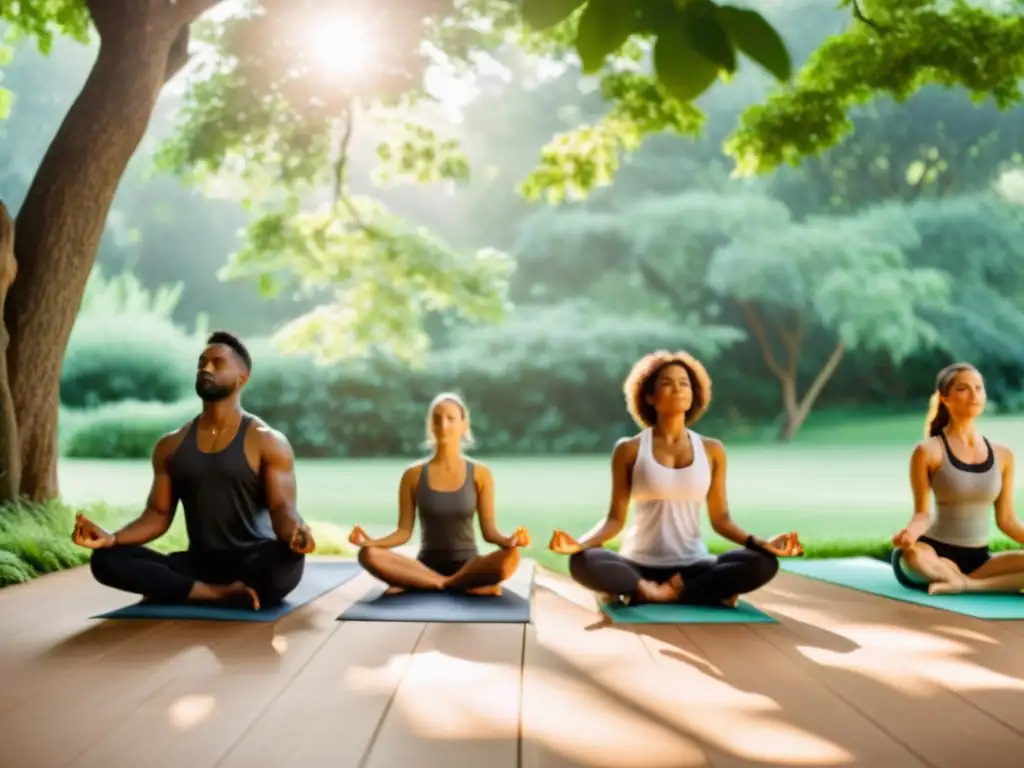 Un grupo diverso de personas practica yoga al aire libre en un entorno natural sereno, rodeado de exuberante vegetación