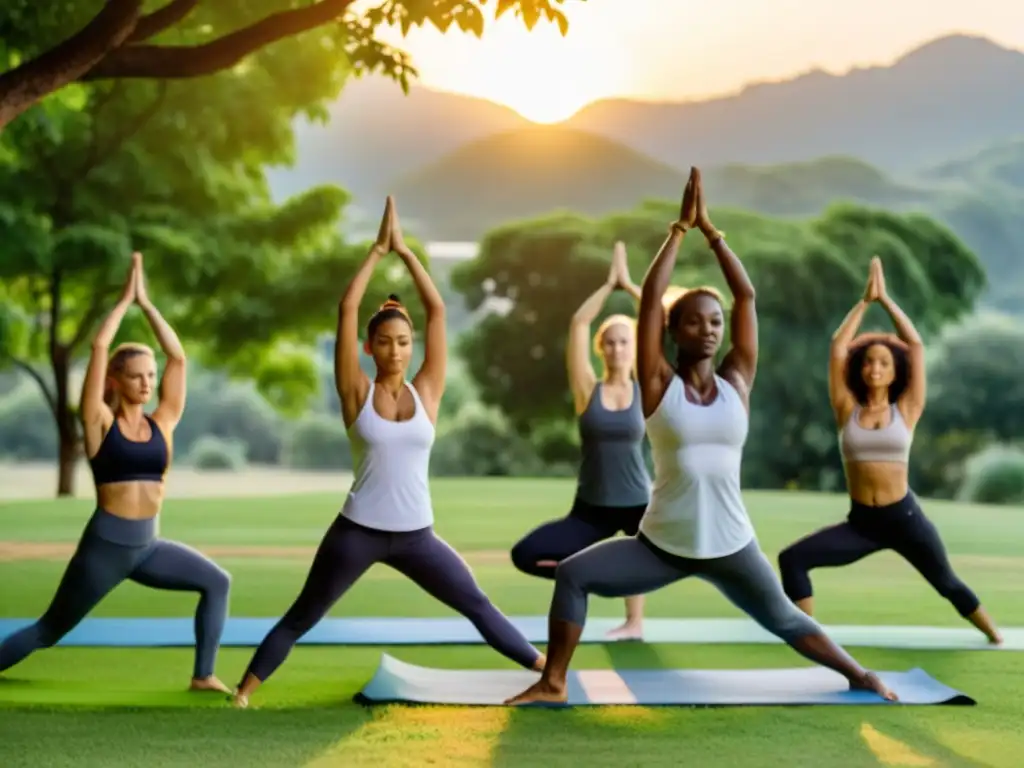 Un grupo diverso de personas practica yoga al aire libre en un parque exuberante y verde, con el sol poniéndose en el fondo, creando un brillo cálido y dorado sobre la escena