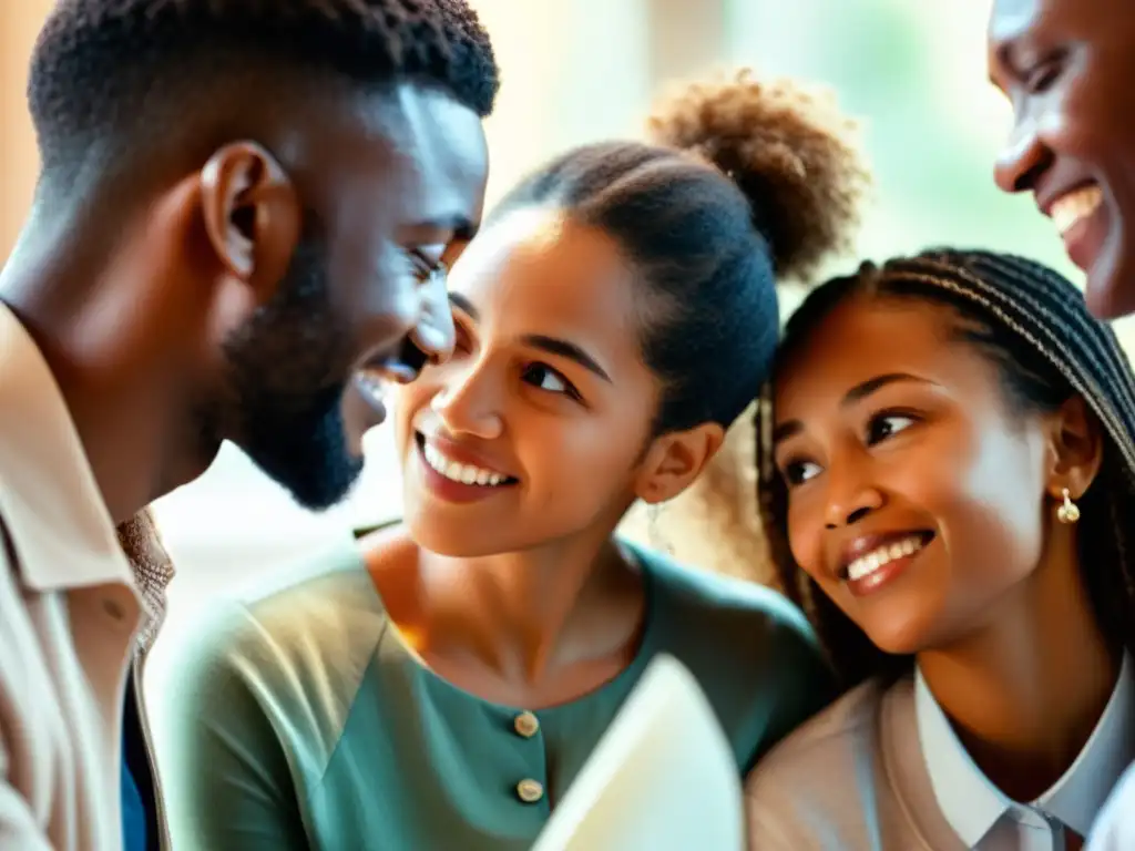 Un grupo diverso de personas conversa animadamente en un ambiente acogedor sobre el mejor plan de salud para alergias