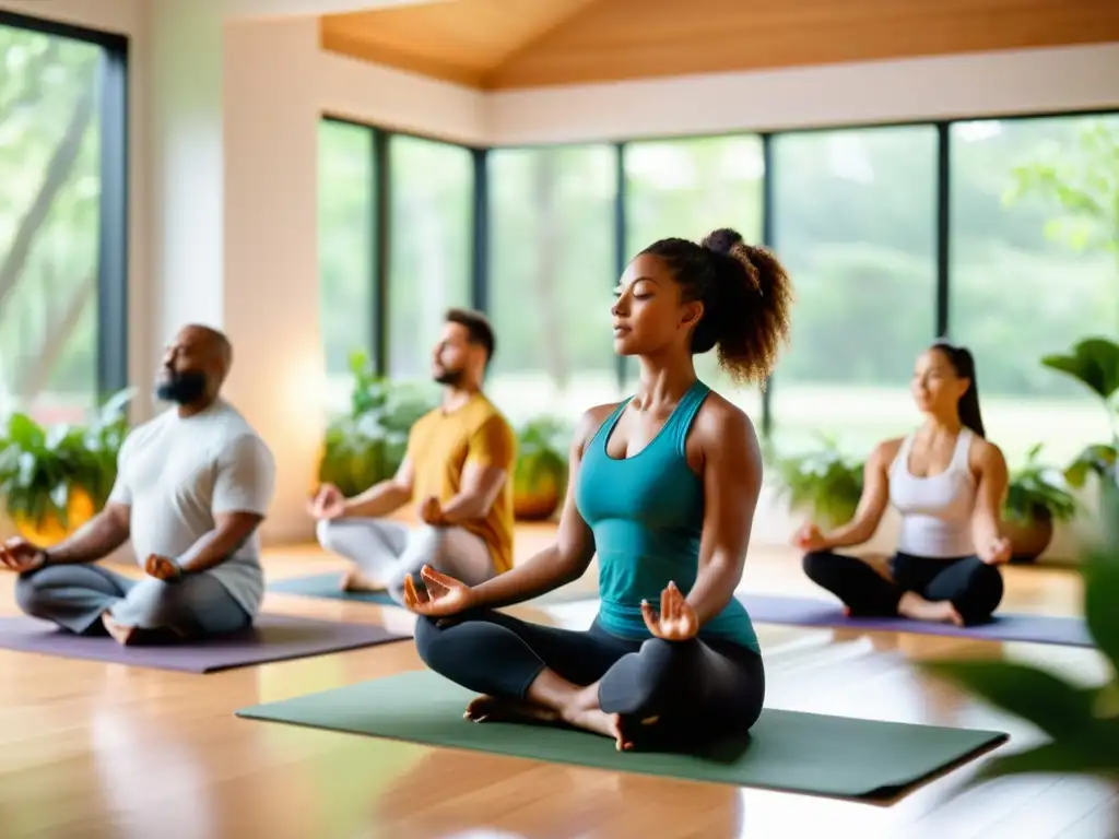 Un grupo diverso de personas en un ambiente de paz y serenidad, participando en un taller de yoga para potenciar el sistema inmune