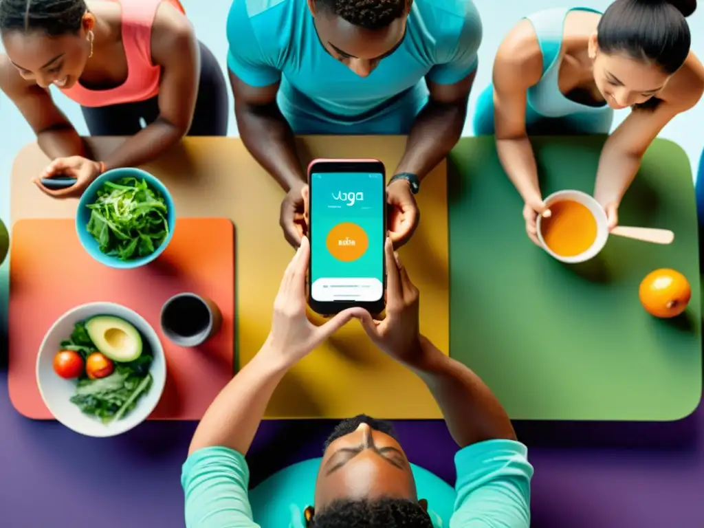 Un grupo diverso de personas practica yoga, meditación y prepara comidas saludables, rodeado de dispositivos modernos con apps de ayuno intermitente