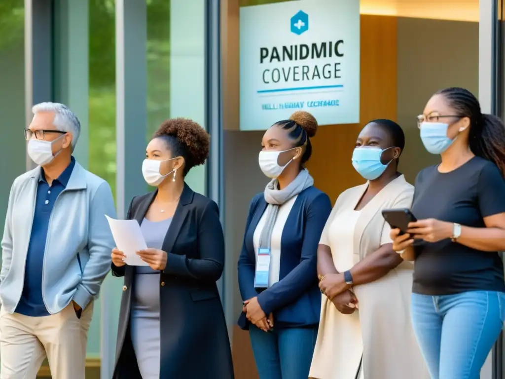 Un grupo diverso de personas mantiene distancia en fila afuera de una oficina de seguros de salud, con letreros de cobertura y protocolos de pandemias