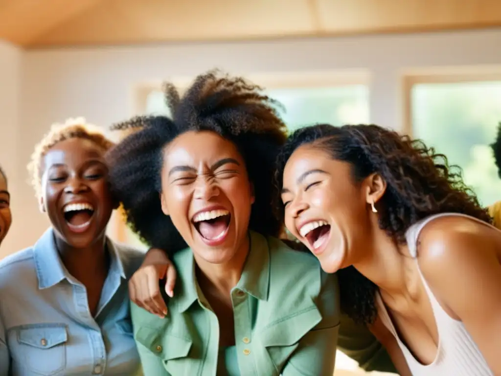 Un grupo diverso de personas de diferentes edades y etnias riendo juntas en una habitación luminosa, transmitiendo alegría genuina