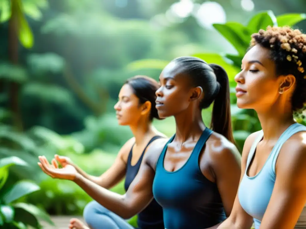 Un grupo diverso de personas practica yoga, meditación y ejercicio rodeado de naturaleza, transmitiendo serenidad y bienestar