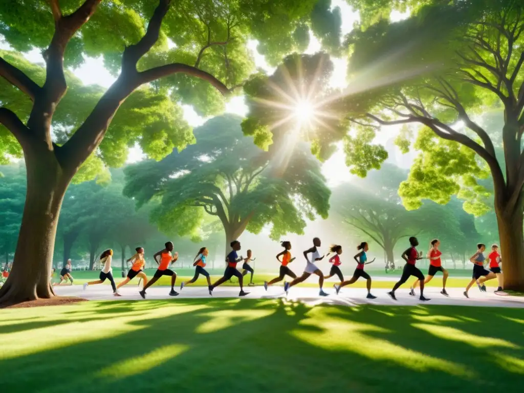 Un grupo diverso de personas disfruta del ejercicio al aire libre en un parque verde y exuberante