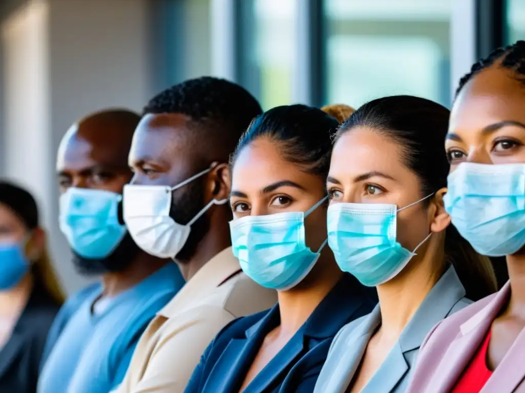 Un grupo diverso de personas espera con determinación y esperanza para recibir vacunas, superando barreras inmunológicas en salud