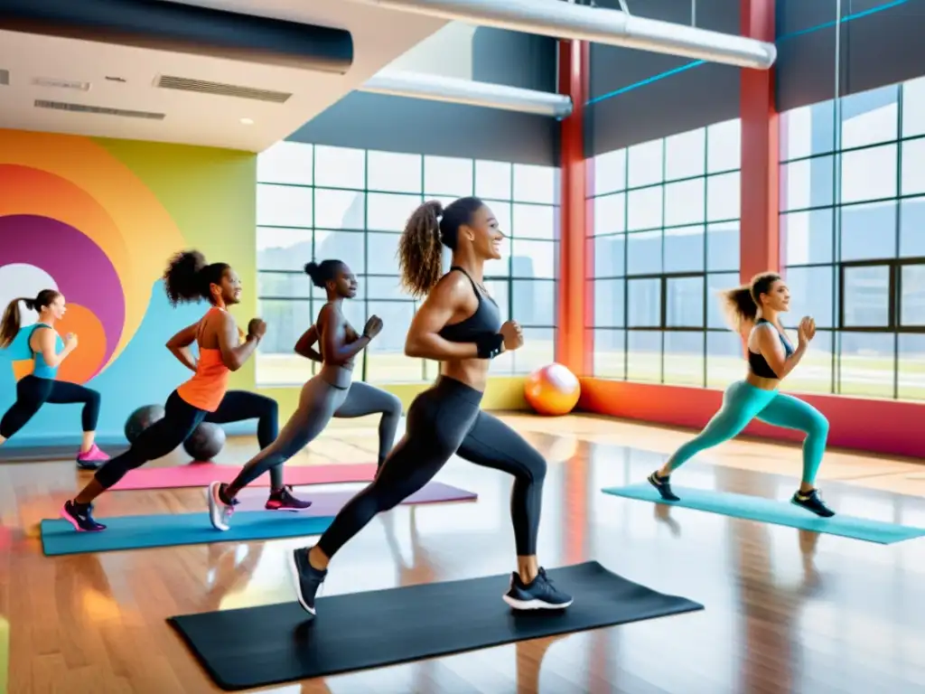 Un grupo diverso de personas se ejercita en un gimnasio moderno, con luz natural y equipo de alta tecnología