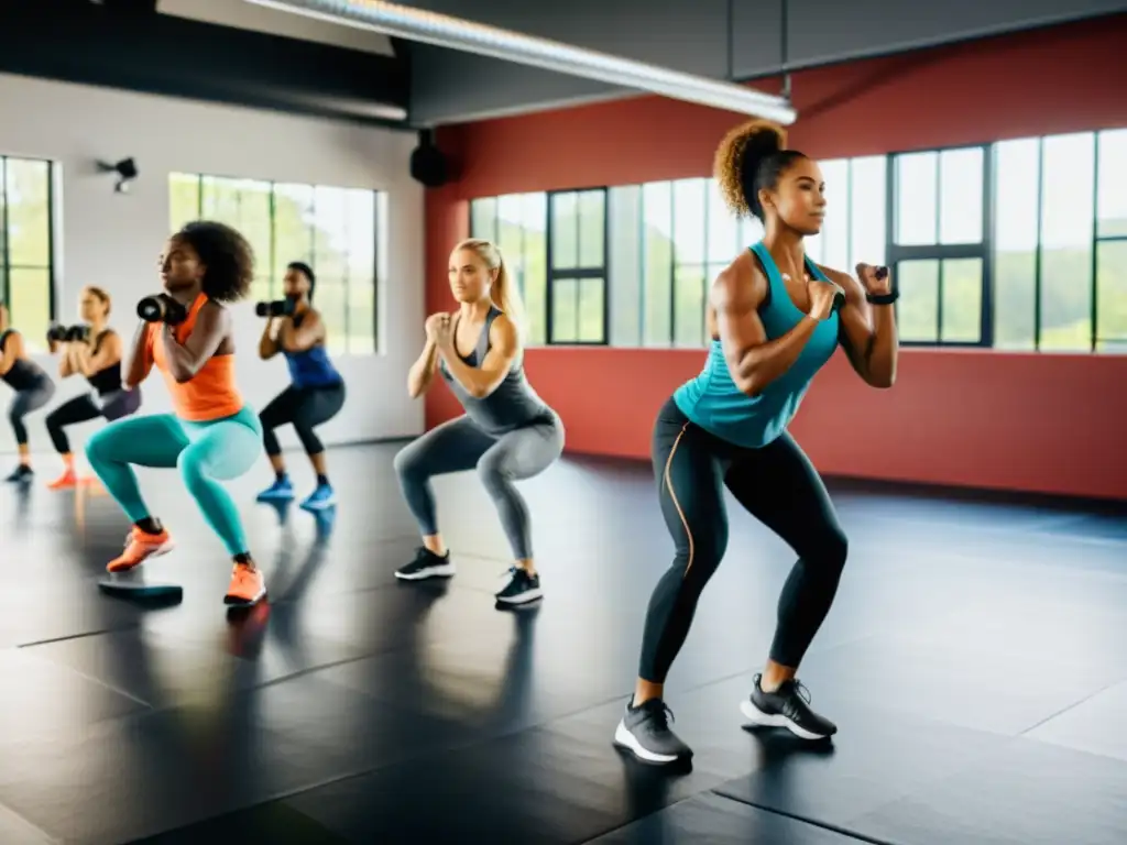 Un grupo diverso de personas realiza un intenso entrenamiento HIIT en un moderno y vibrante gimnasio