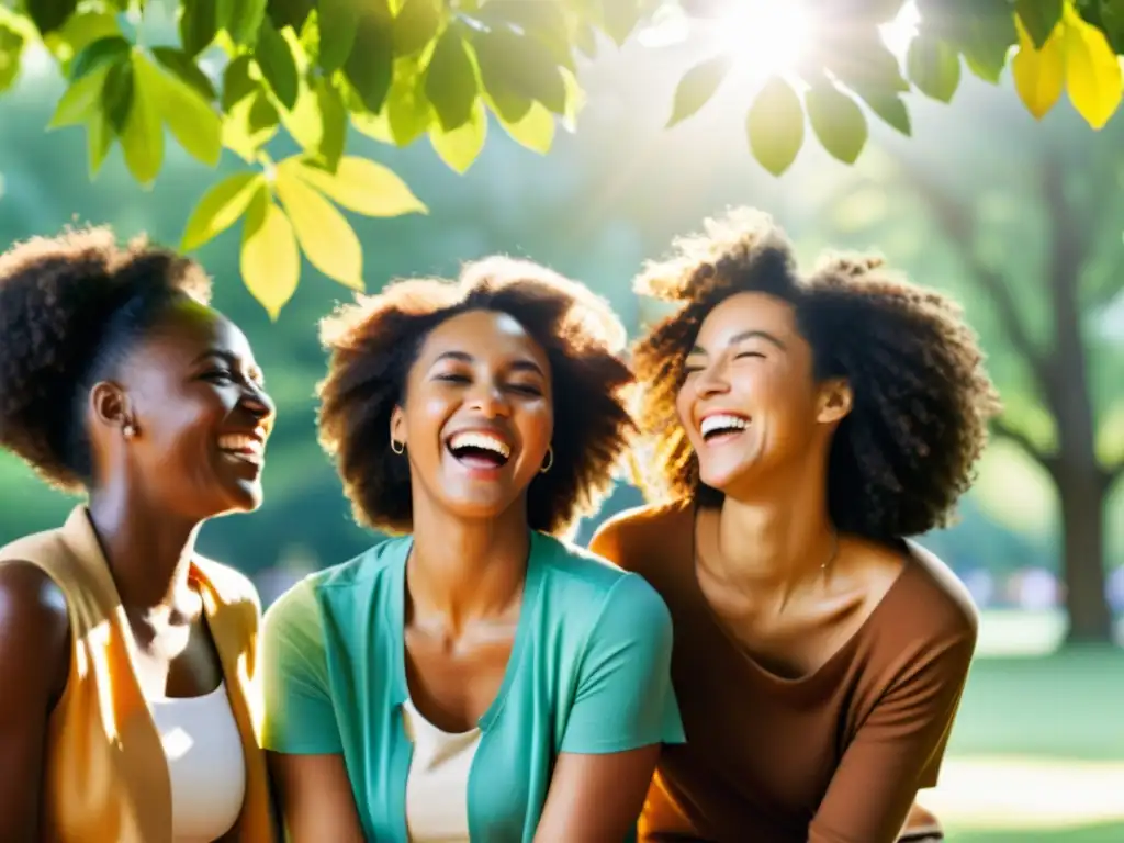 Un grupo diverso de personas riendo juntas en un parque, bajo la cálida luz del sol