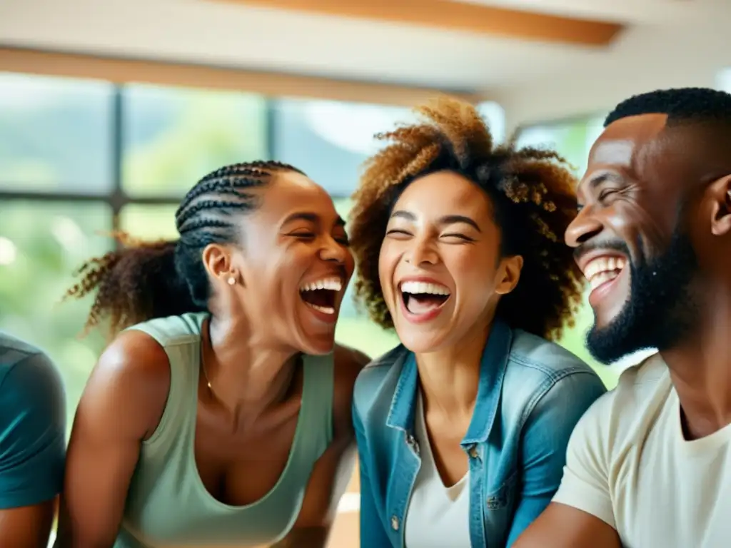 Grupo diverso de personas riendo juntas en una habitación luminosa, reflejando los beneficios de la risa en el sistema inmunológico