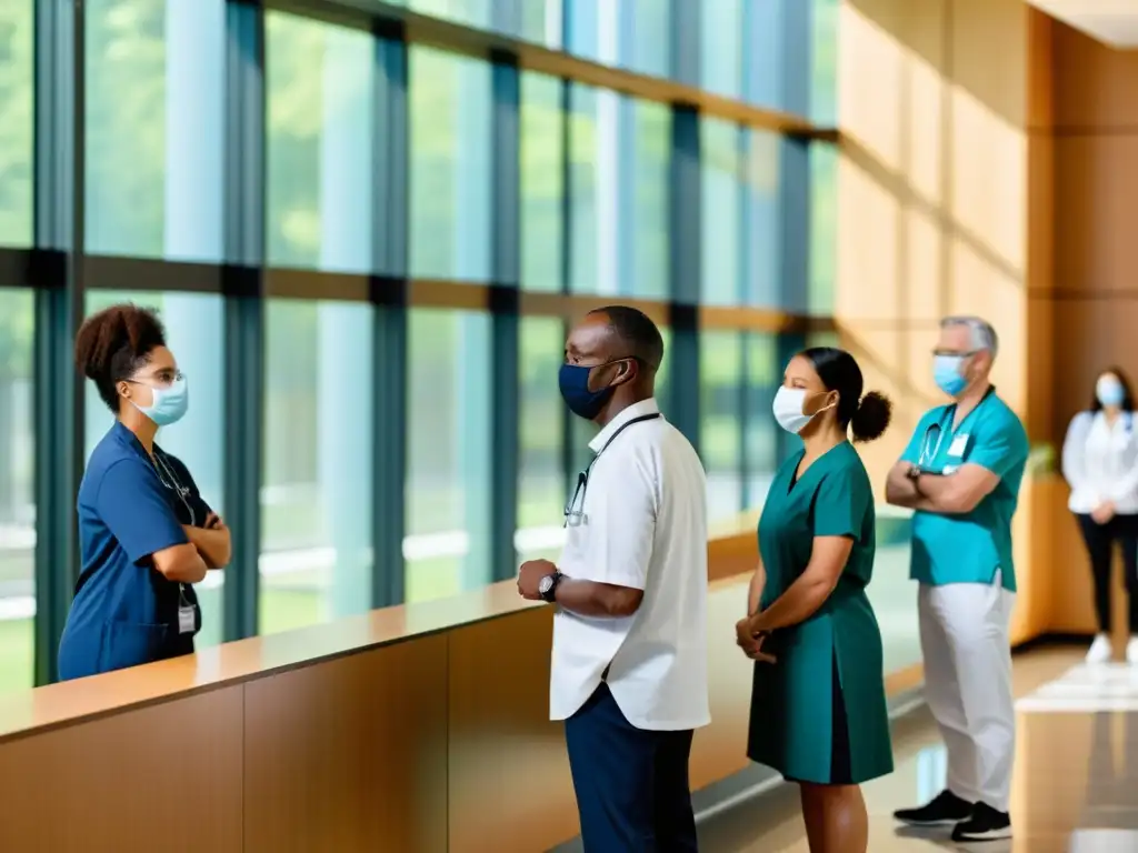 Un grupo diverso de personas espera en línea en un centro de salud moderno, usando mascarillas y practicando el distanciamiento social