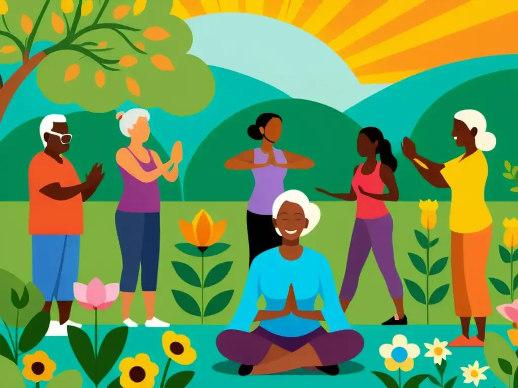 Un grupo diverso de personas mayores disfruta de actividades al aire libre como yoga, caminatas y jardinería