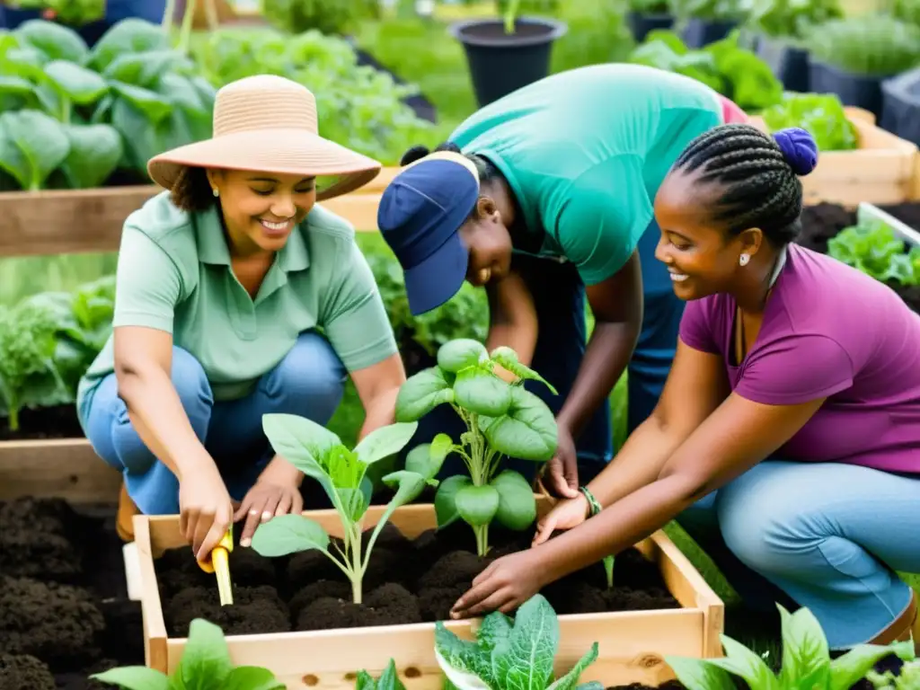 Grupo diverso de personas en proyecto de jardinería comunitaria, fomentando integración social y fortaleciendo el sistema inmunológico