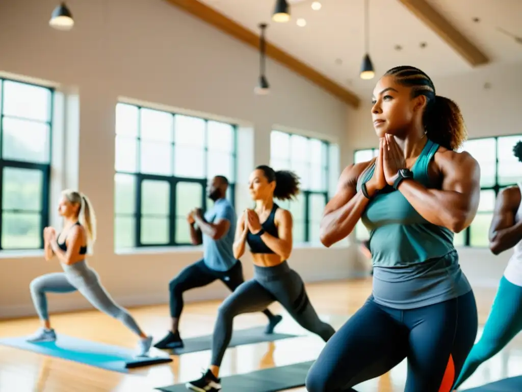 Un grupo diverso de personas en ropa deportiva realizando actividades físicas en un gimnasio luminoso