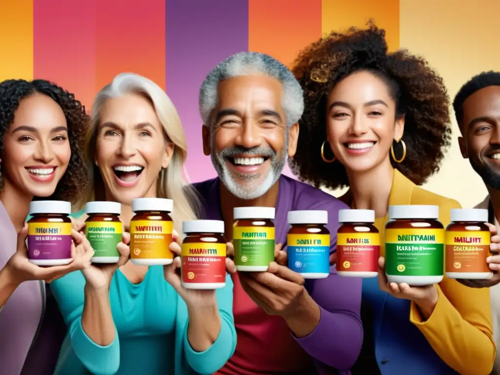 Un grupo diverso de personas sonriendo, sosteniendo suplementos multivitamínicos en un entorno moderno y limpio