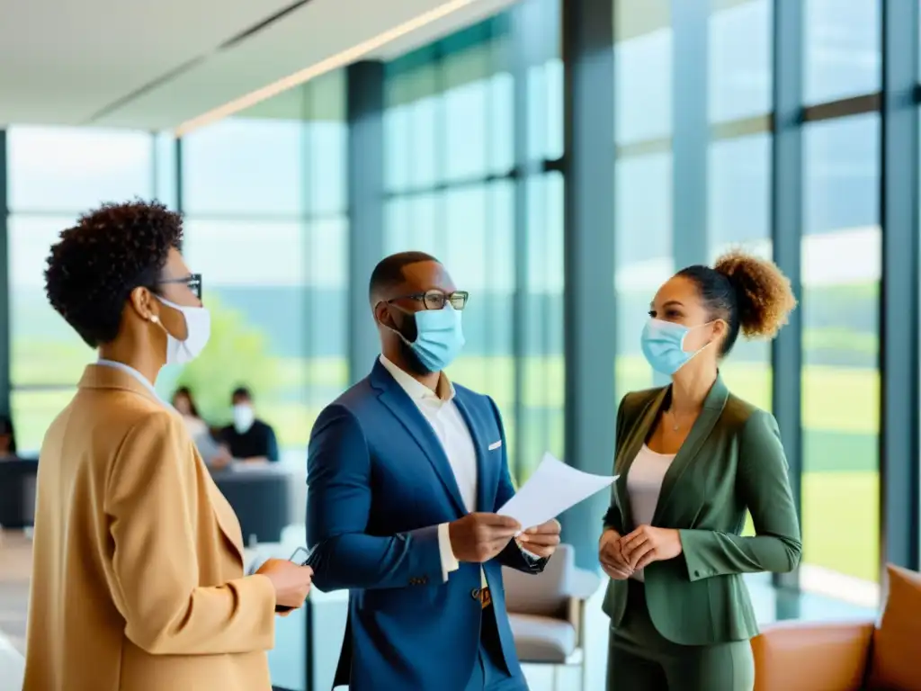 Grupo diverso de autónomos discutiendo planes de seguros de salud en una oficina moderna con luz natural y atmósfera acogedora