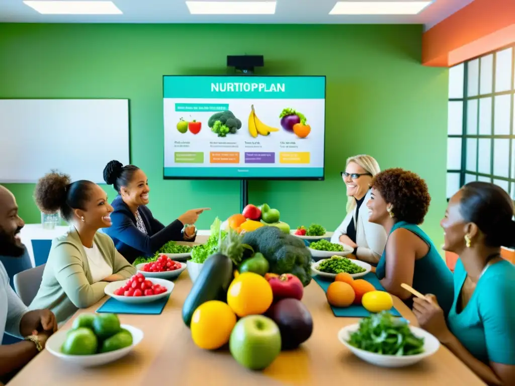 Un grupo diverso participa en un taller de nutrición, con frutas y verduras frescas en primer plano