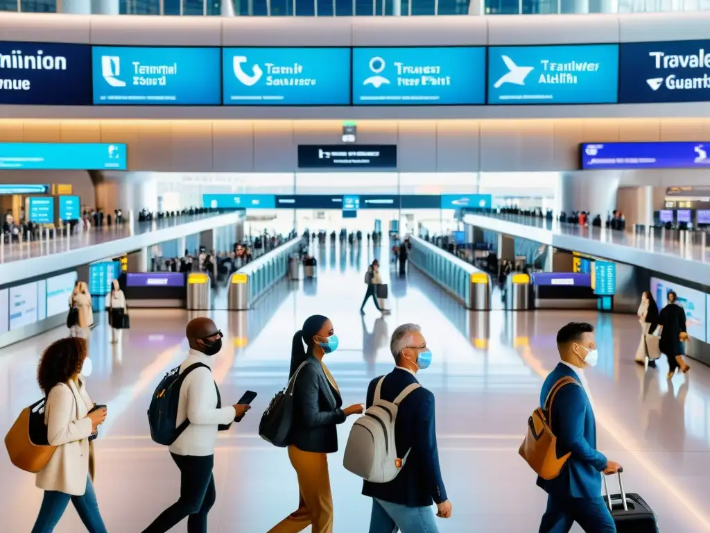 Grupo diverso de viajeros en aeropuerto futurista, practicando medidas de seguridad y prevención en viaje internacional