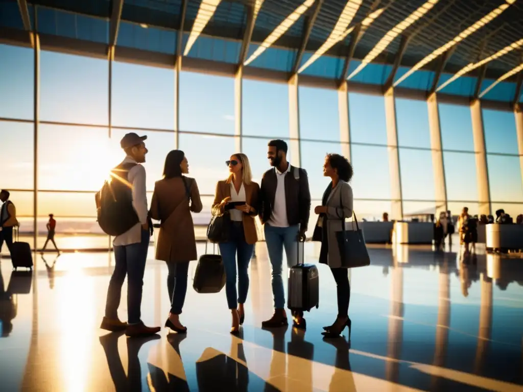 Un grupo diverso de viajeros con enfermedades inmunológicas espera en el aeropuerto, mostrando sus pasaportes y tarjetas de seguro internacional