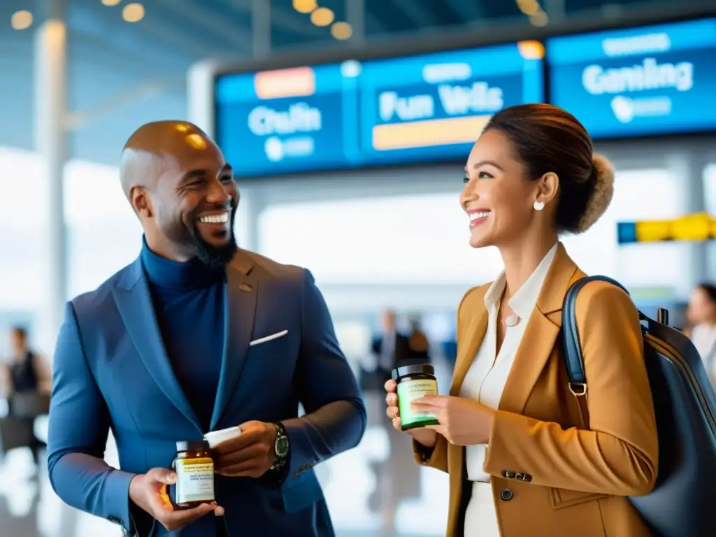 Un grupo diverso de viajeros sonrientes sostiene suplementos inmunitarios en un aeropuerto, transmitiendo preparación y bienestar