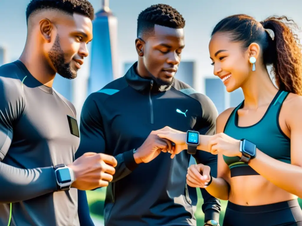 Un grupo diverso usa wearables para fortalecer sistema inmunológico mientras realiza actividades variadas en un entorno tecnológico futurista