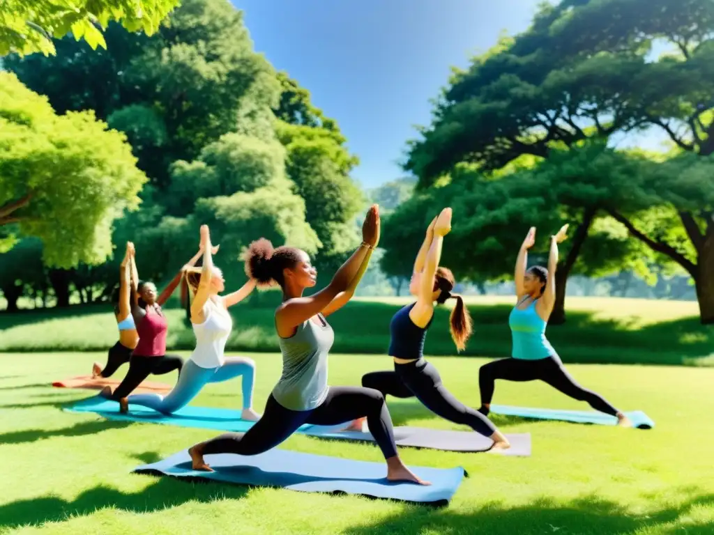 Un grupo diverso realiza yoga al aire libre en un parque verde y soleado