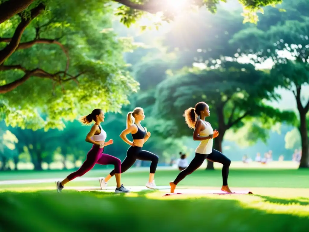 Grupo haciendo ejercicio al aire libre en un parque verde, fortaleciendo el sistema inmunológico con yoga, running y estiramientos bajo el cálido sol