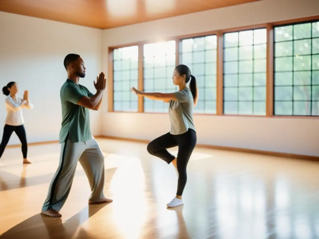 Grupo practicando Tai Chi y Qi Gong en estudio moderno, creando calma y equilibrio, ideal para ejercicios de meditación para fortalecer defensas