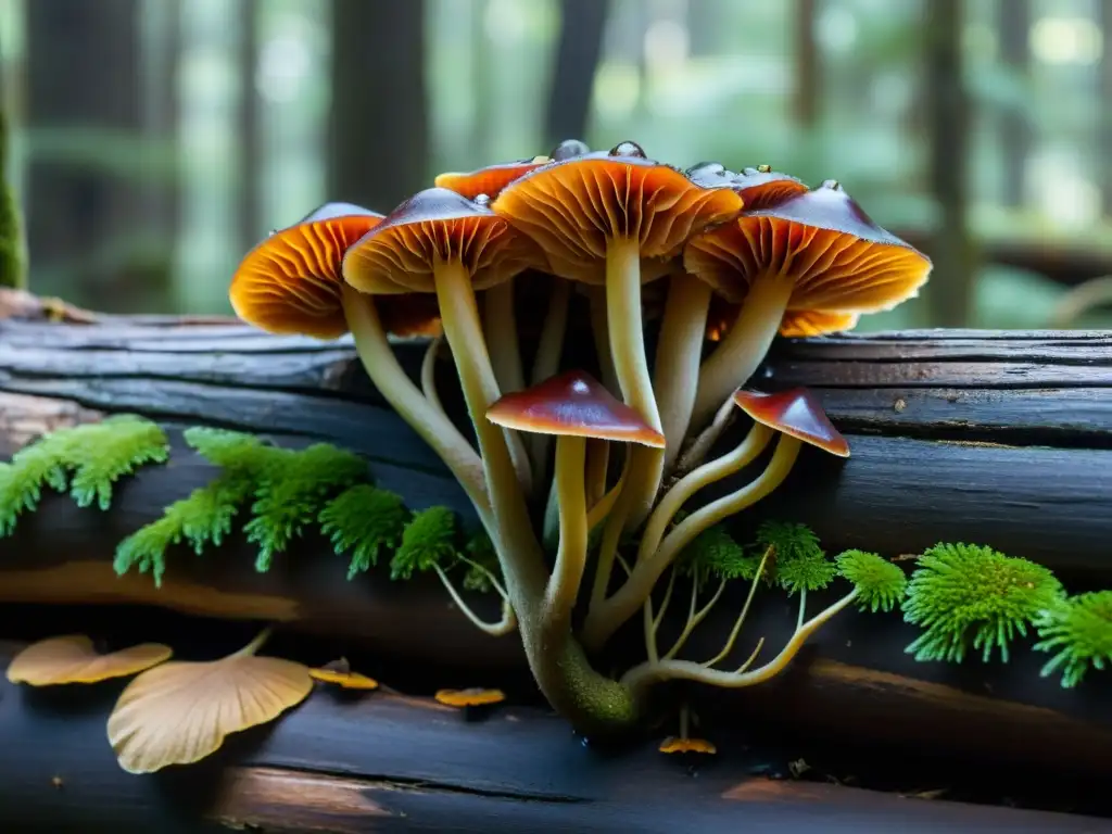 Un grupo de hongos medicinales Reishi crecen en un tronco caído en un bosque denso, mostrando detalles y frescura