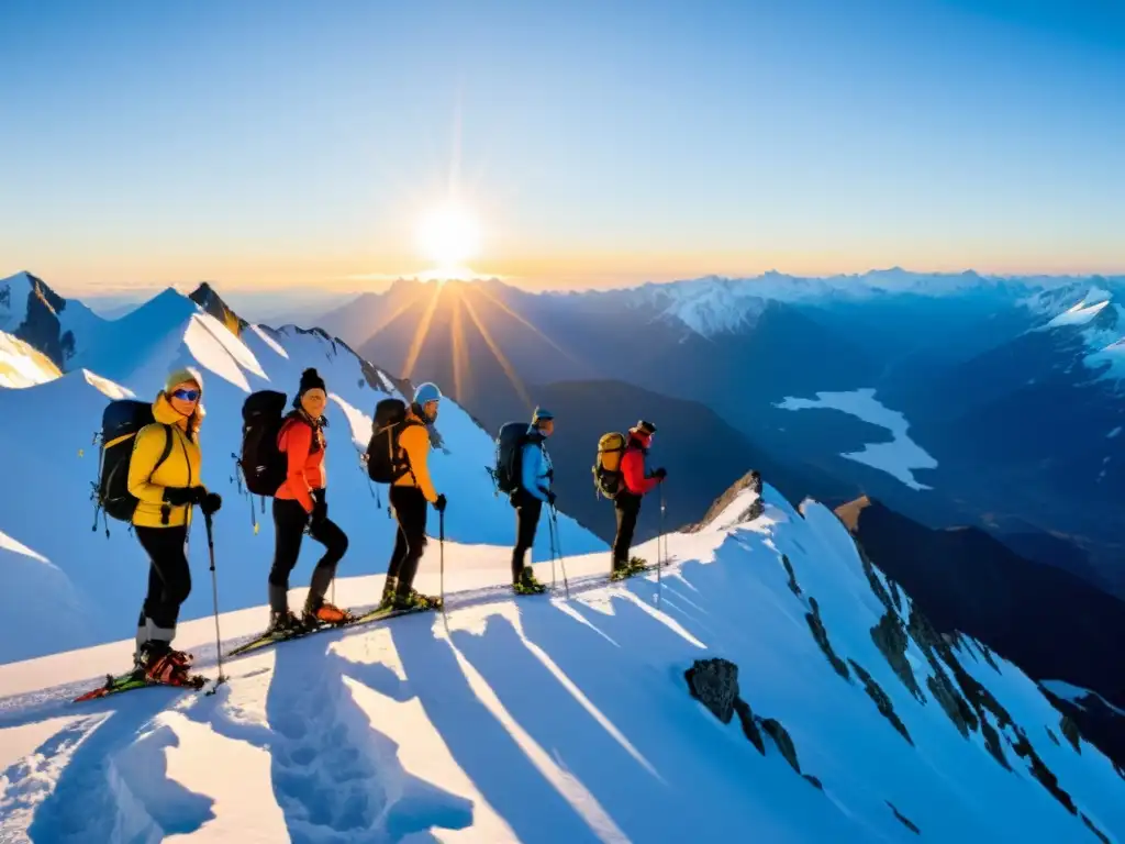 Grupo de montañistas en equipo de ejercicio de altitud moderno, de pie en pico nevado con el sol saliendo detrás, transmitiendo vitalidad y logro