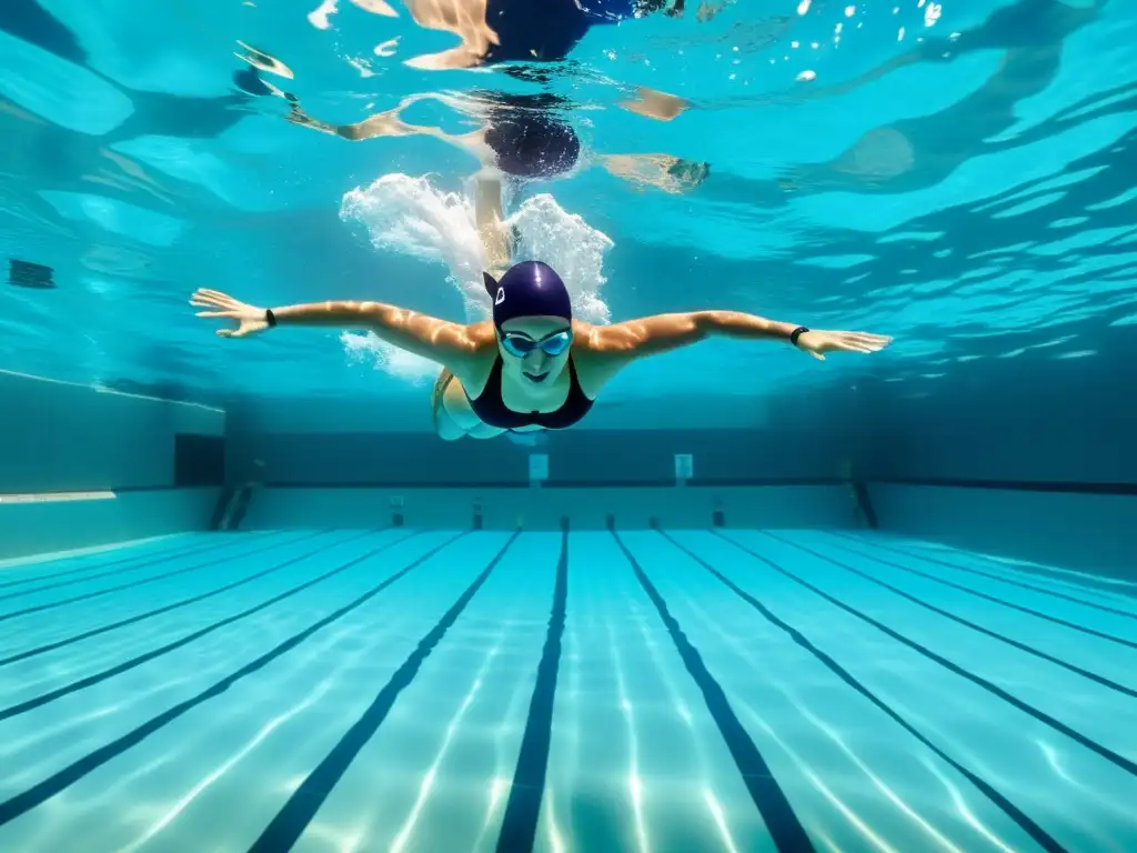 Un grupo de nadadores se desliza elegante en una piscina olímpica, con reflejos de sol filtrándose desde abajo