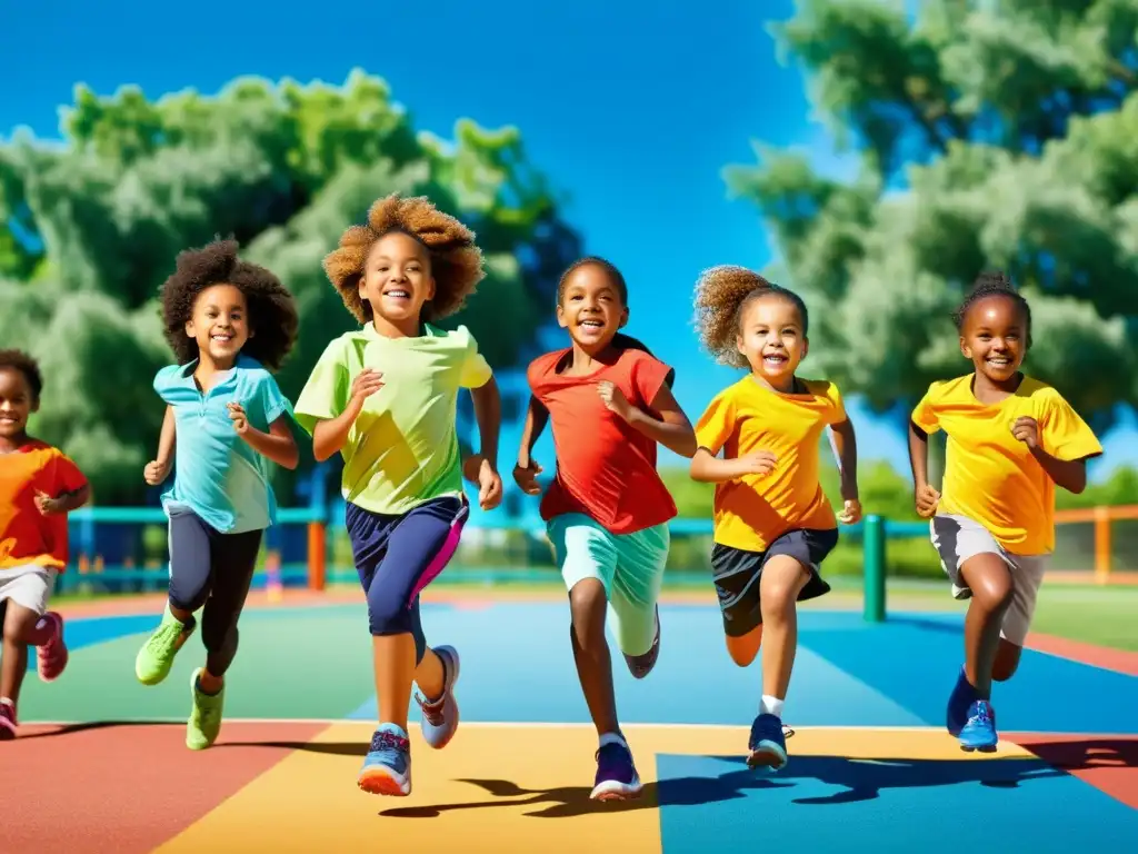 Grupo de niños disfrutando de actividades físicas para fortalecer el sistema inmunológico infantil en un vibrante y colorido patio de recreo