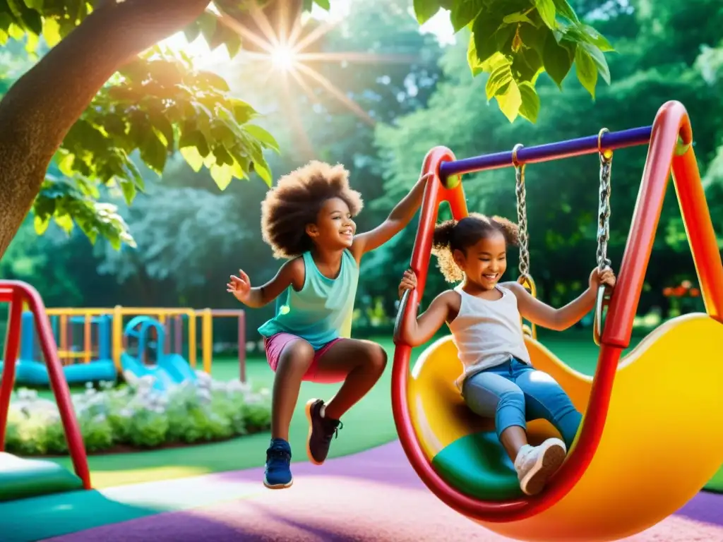 Grupo de niños y adolescentes jugando en un colorido parque, rodeados de árboles y flores