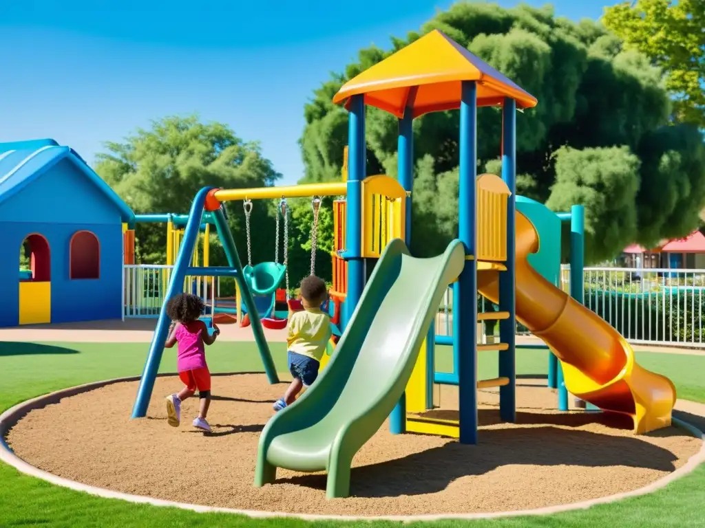 Grupo de niños diversos jugando al aire libre en un parque limpio y bien mantenido, promoviendo la higiene en niños y su sistema inmunológico