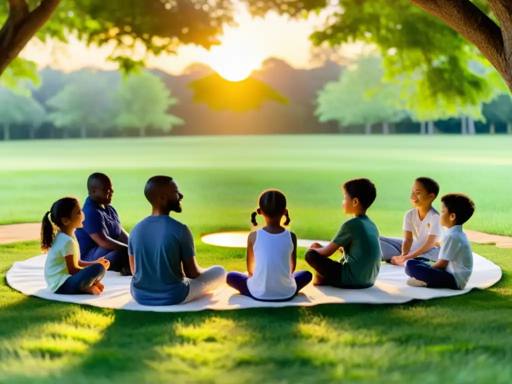 Grupo de niños meditando al aire libre al atardecer, rodeados de naturaleza