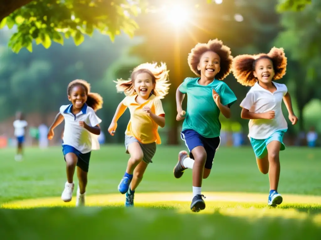 Un grupo de niños disfruta jugando al aire libre en un parque soleado, irradiando alegría y vitalidad mientras participan en diversas actividades