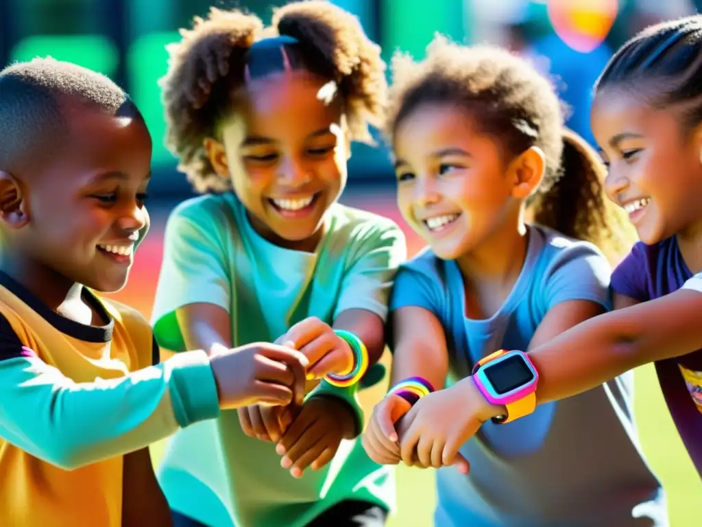 Un grupo de niños juega con alegría en un parque vibrante, usando wearables para fortalecer su sistema inmune