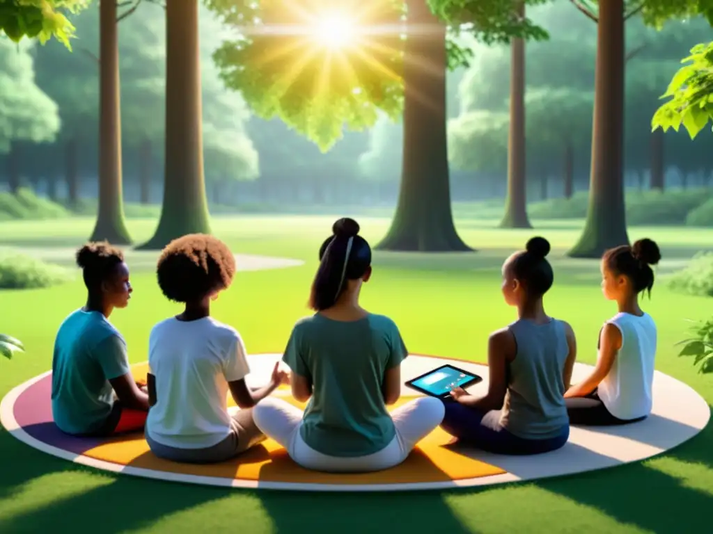 Grupo de niños meditando con apps de meditación para niños en un claro del bosque