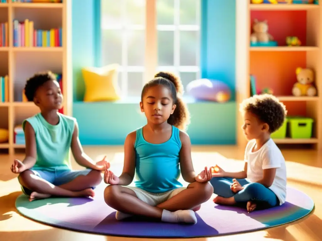 Un grupo de niños medita en un aula colorida, con luz solar que irradia tranquilidad