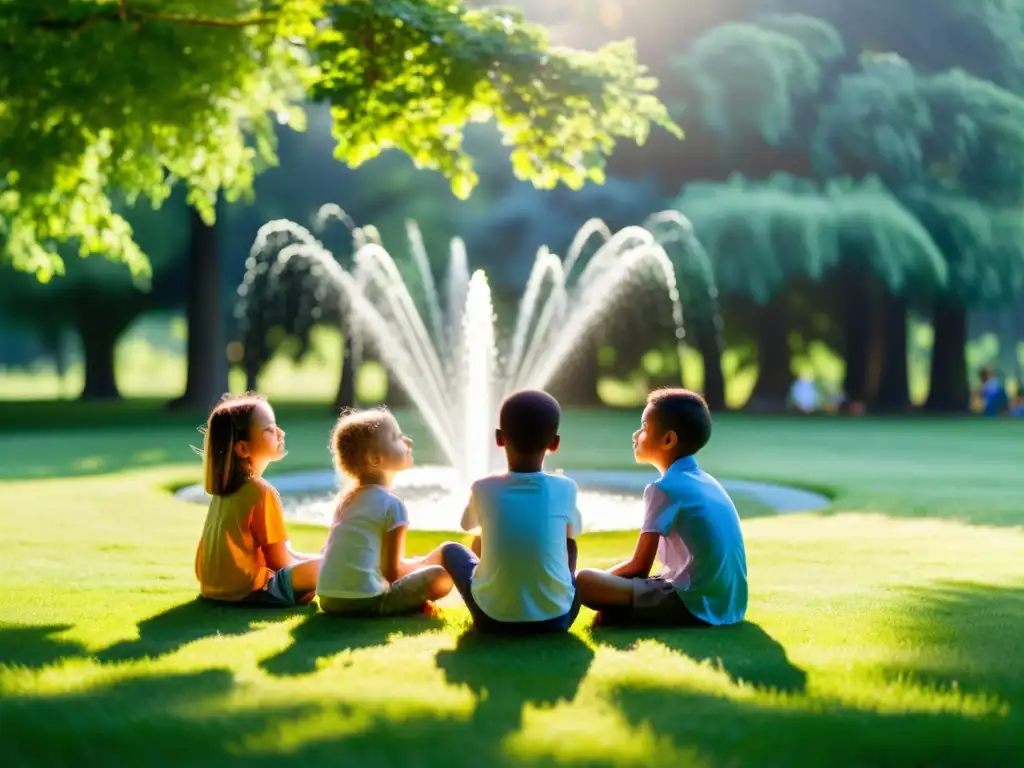 Un grupo de niños medita en círculo en un prado, rodeados de árboles y luz solar