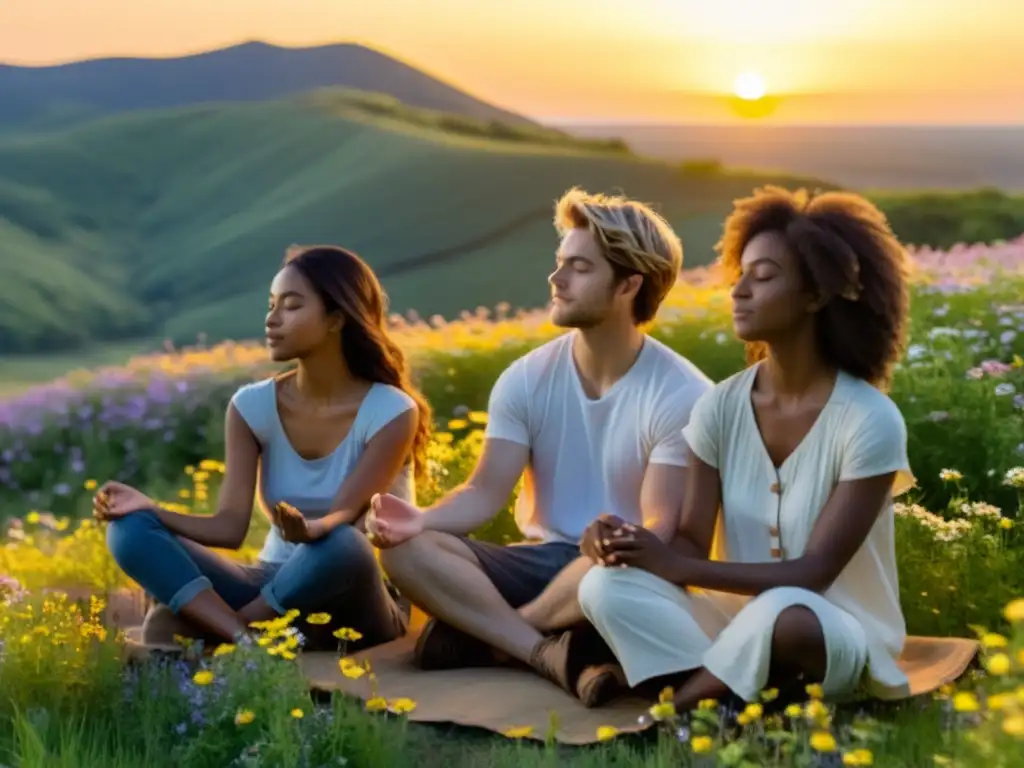 Un grupo de niños meditando en una colina florida al atardecer, proyectando paz y tranquilidad