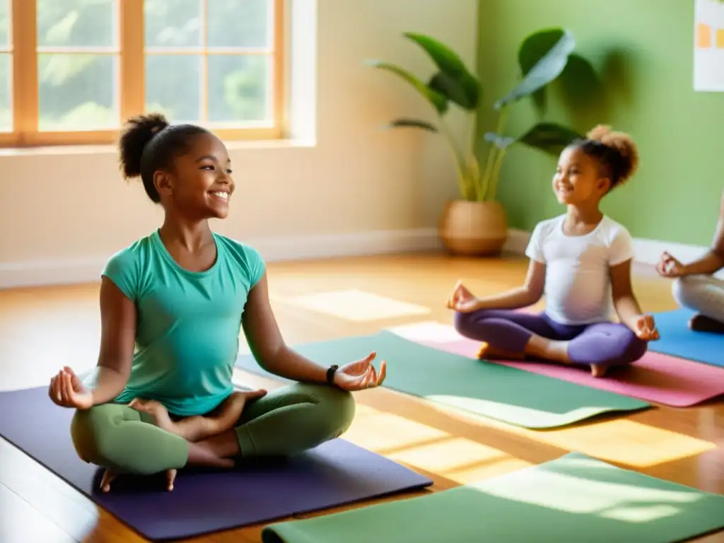 Un grupo de niños practica yoga en coloridas esterillas, rodeados de naturaleza