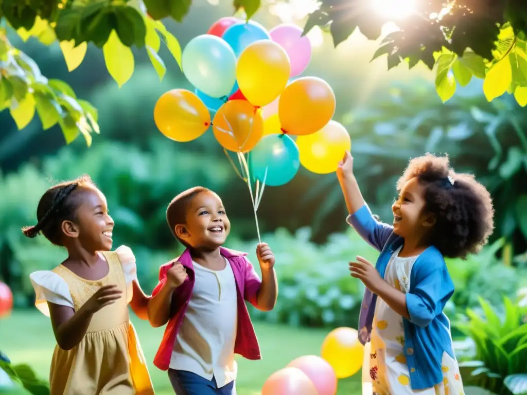 Un grupo de niños diversos y alegres juegan en un jardín vibrante