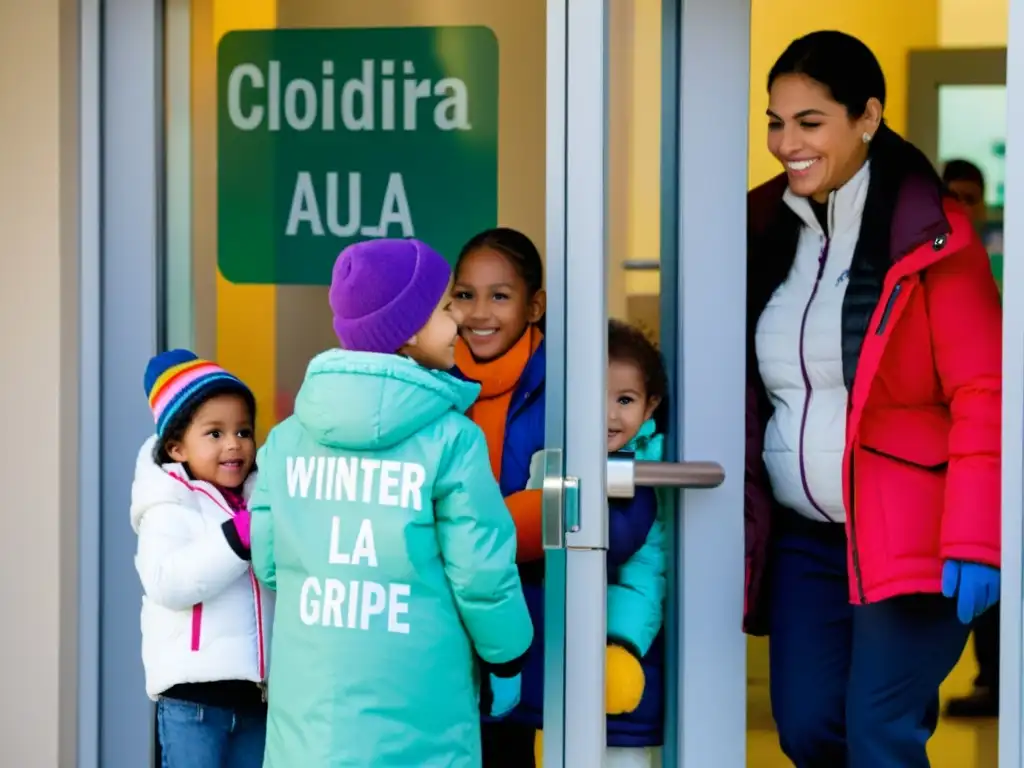 Un grupo de niños de diferentes edades, esperando afuera de una clínica pediátrica para recibir vacunación contra la gripe