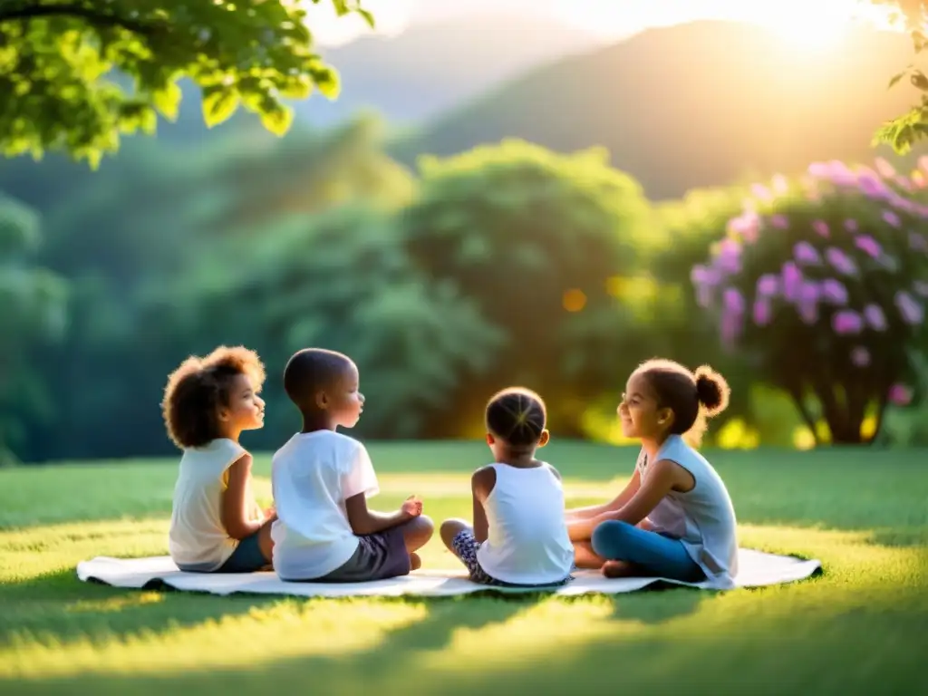 Grupo de niños practicando ejercicios de relajación al atardecer en un campo