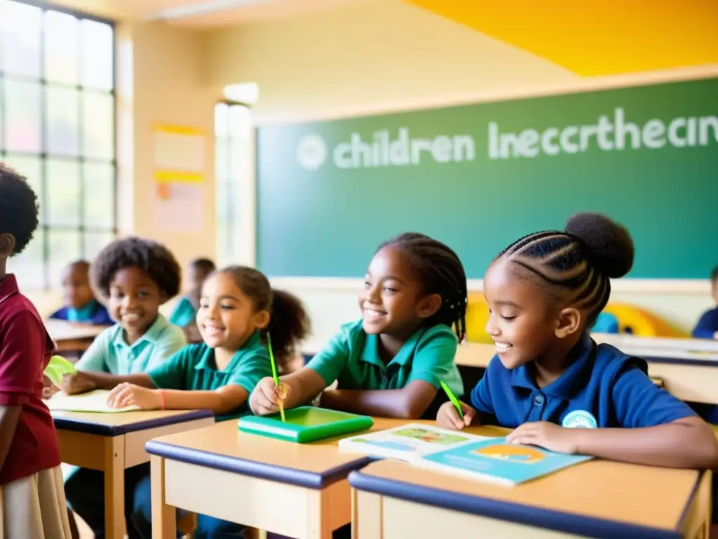 Grupo de niños escolares diversos jugando y aprendiendo juntos en un aula vibrante y soleada, fomentando la inmunidad infantil ambiente escolar