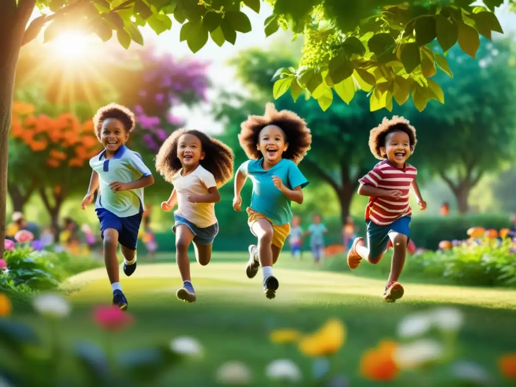 Grupo de niños felices jugando al aire libre en un parque vibrante, rodeados de naturaleza