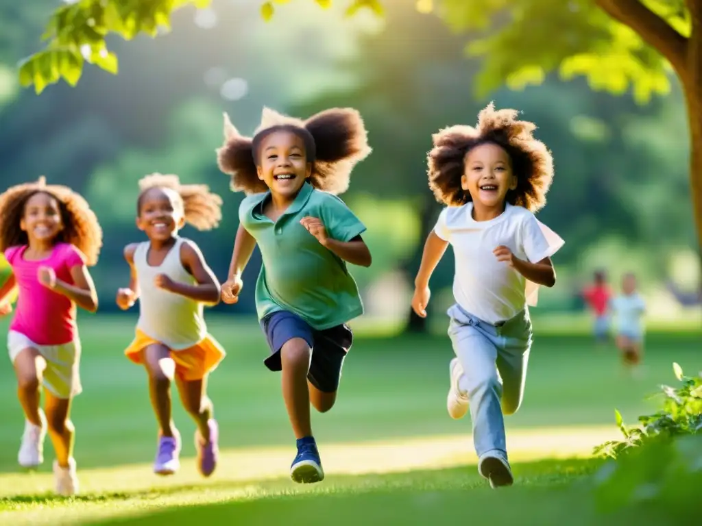 Un grupo de niños diversos jugando felices en un parque verde, potenciando el sistema inmune y disfrutando de la vitalidad